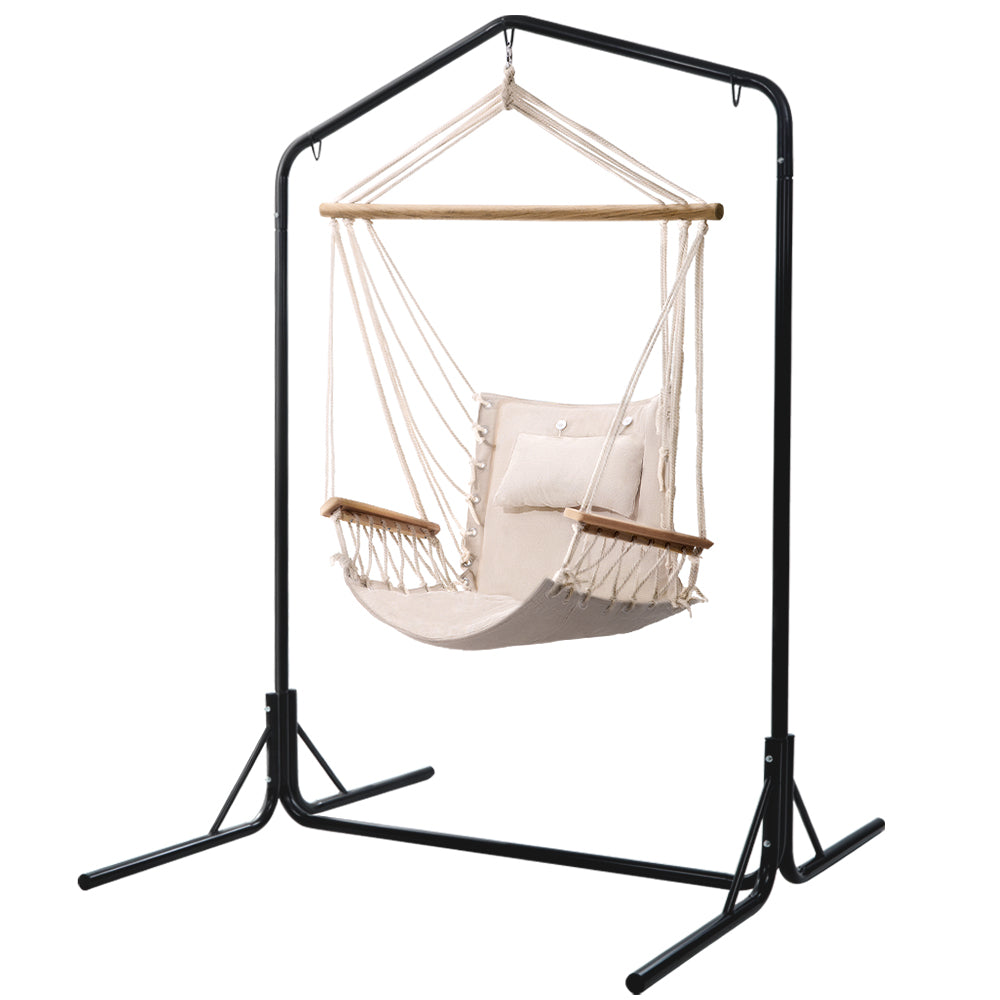 OEM Hammock Chair with Freestanding Steel Stand, Armrests and Pillow, Black & Cream 140 x 205cm