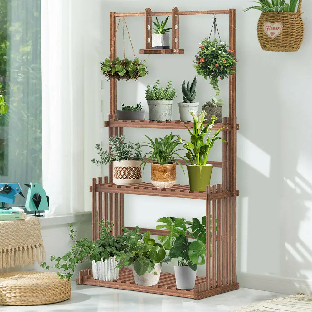 OEM Multi-Tier Wooden Plant Stand with Hanging Bar Planter Shelf Indoor Outdoor