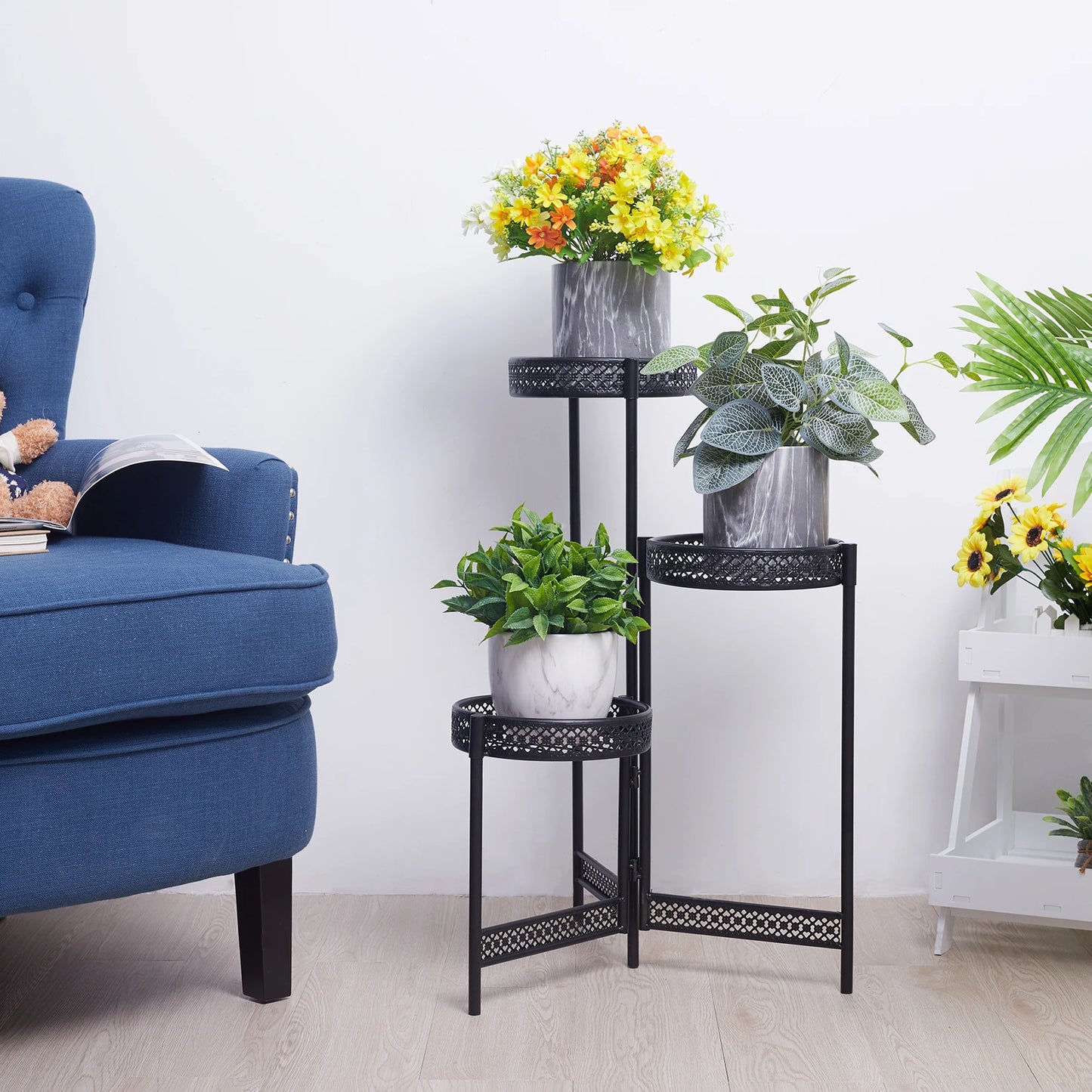 Foldable 3 Tier Metal Plant Stand Indoor Outdoor Flower Display Shelf for Patio Corner