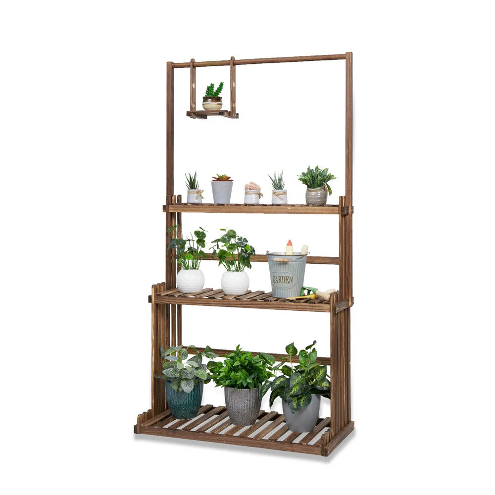 OEM Multi-Tier Wooden Plant Stand with Hanging Bar Planter Shelf Indoor Outdoor