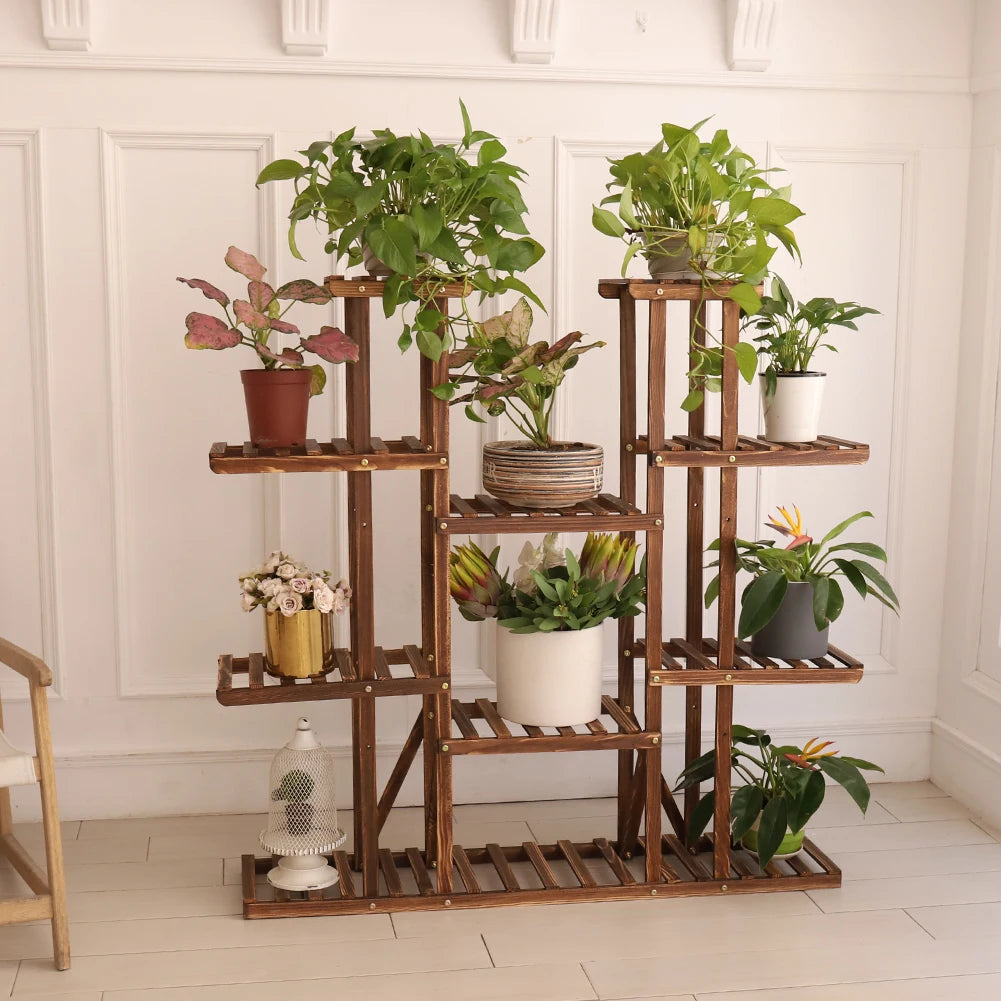 Multi-Tier Wooden Plant Stand 46in Plant Rack Holder with 9 Shelves for Patio Balcony Indoor