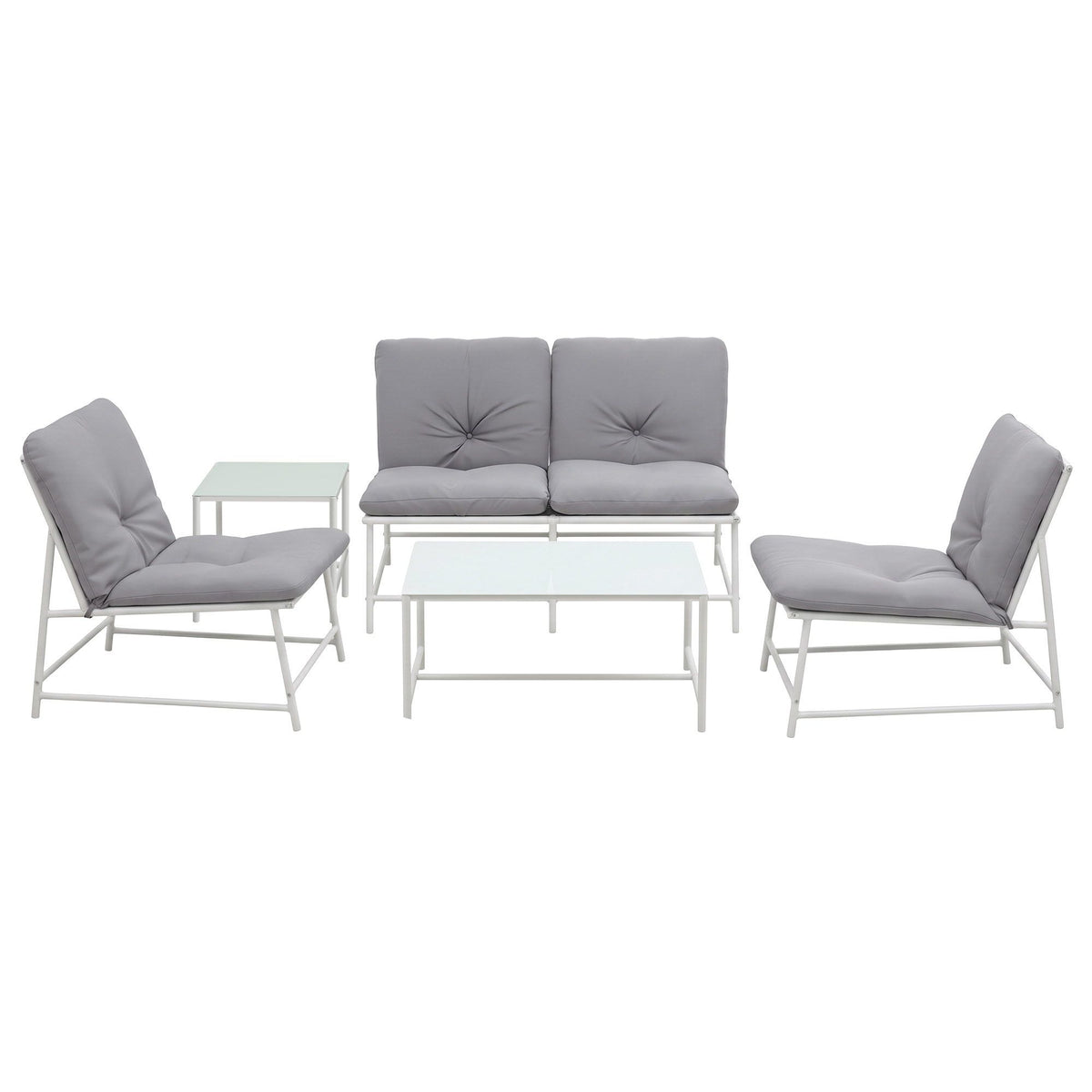OEM Outdoor Patio Sofa Set with Cushions and Glass Tables, White and Grey, 5-Piece