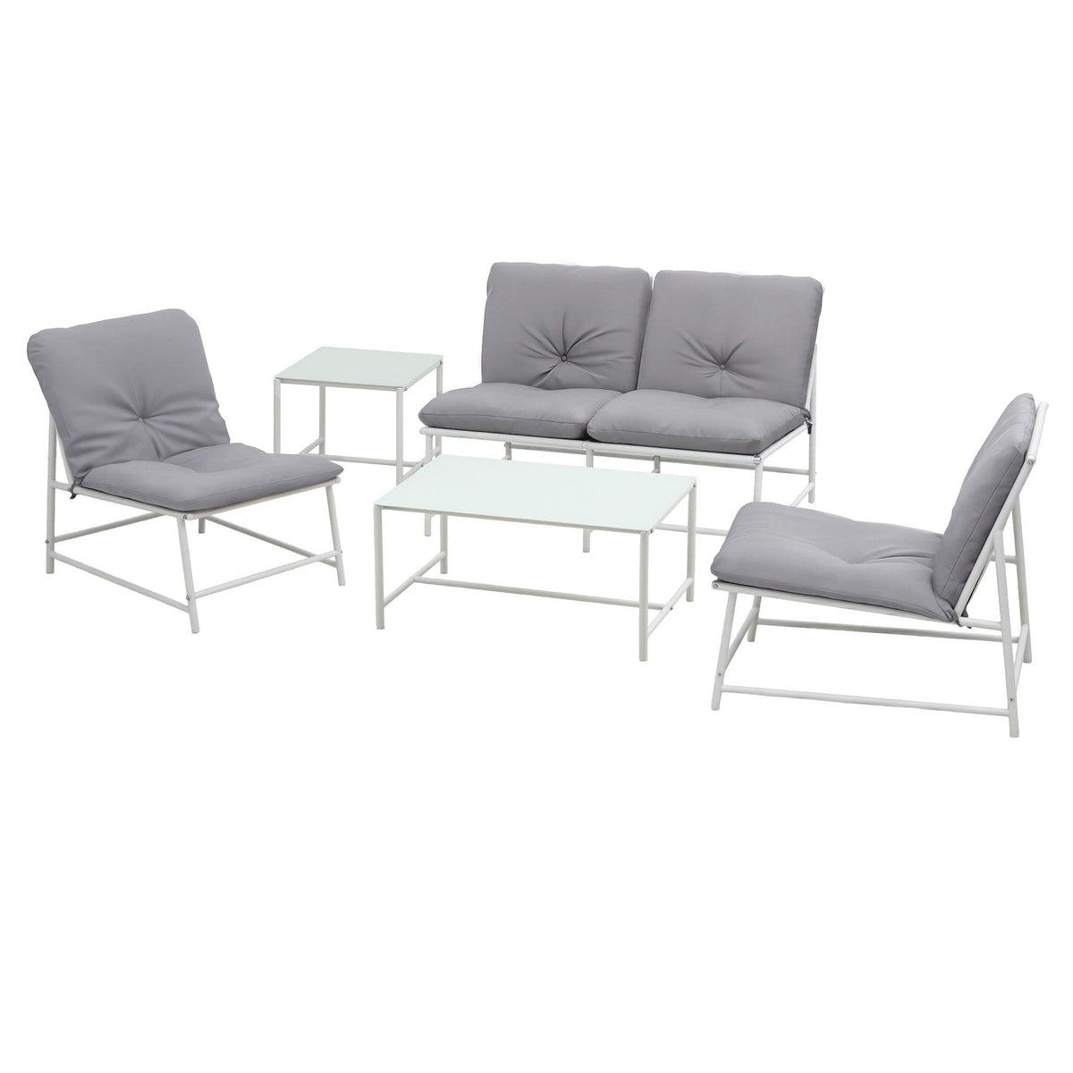 OEM Outdoor Patio Sofa Set with Cushions and Glass Tables, White and Grey, 5-Piece