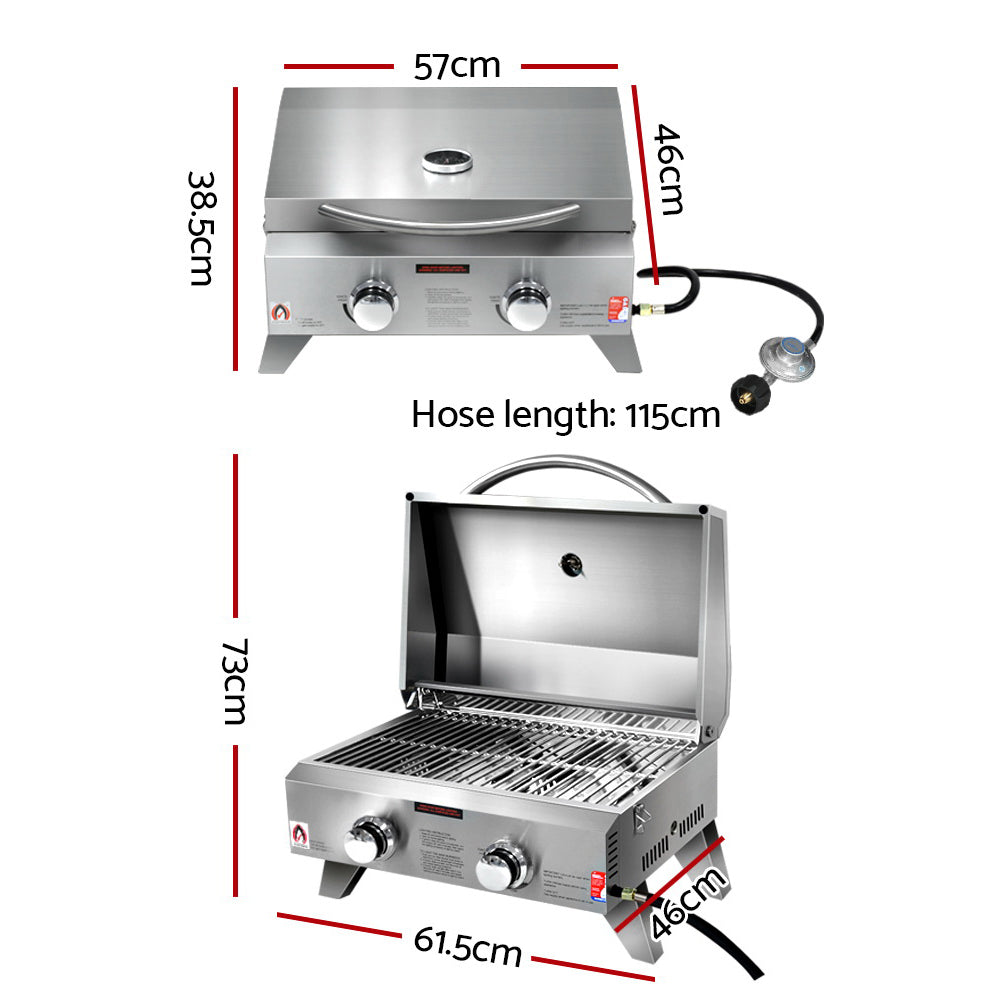 OEM Portable Stainless Steel 2 Burner Gas BBQ with Carry Handle