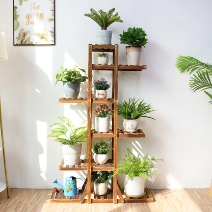 Multi-Level Wooden Plant Display Rack 6-Tier Flower Stand for Balcony Patio Indoor Outdoor Use