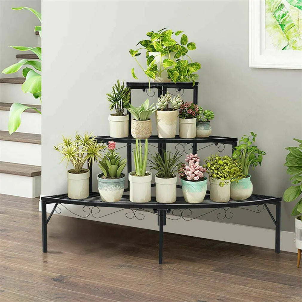 OEM 3 Tier Metal Corner Plant Stand Indoor Outdoor Pot Display Shelf Black