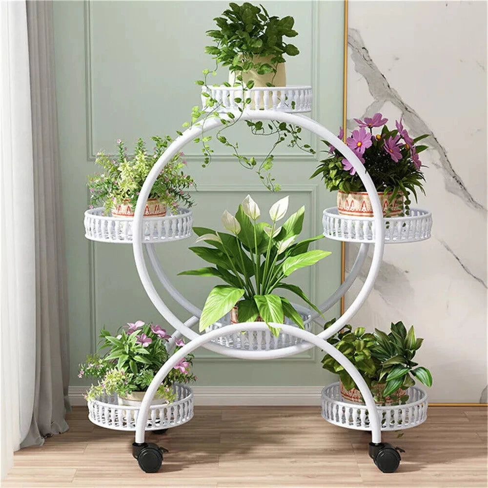 Rolling White Metal Plant Holder 6 Tier Flower Pot Display Rack for Indoor Outdoor Use