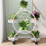 Rolling White Metal Plant Holder 6 Tier Flower Pot Display Rack for Indoor Outdoor Use