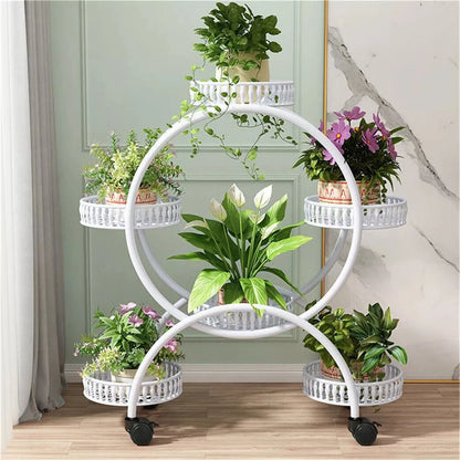 Rolling White Metal Plant Holder 6 Tier Flower Pot Display Rack for Indoor Outdoor Use
