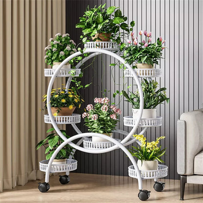 Rolling White Metal Plant Holder 6 Tier Flower Pot Display Rack for Indoor Outdoor Use