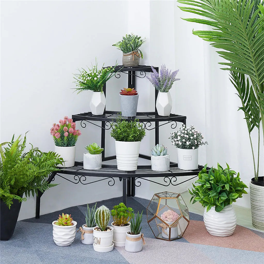 OEM 3 Tier Metal Corner Plant Stand Indoor Outdoor Pot Display Shelf Black