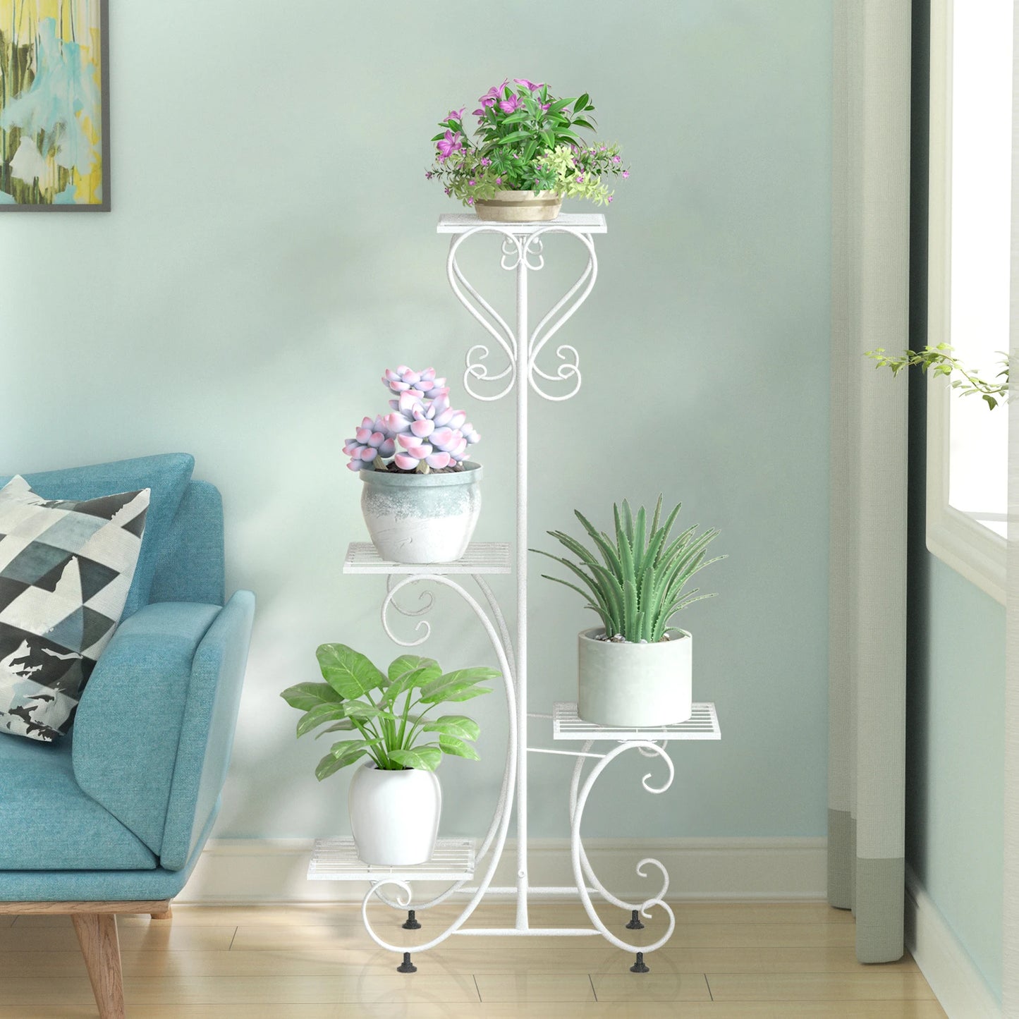 White Metal Plant Shelf 4 Tier Flower Pot Holder Display Rack for Patio Balcony Indoor Outdoor