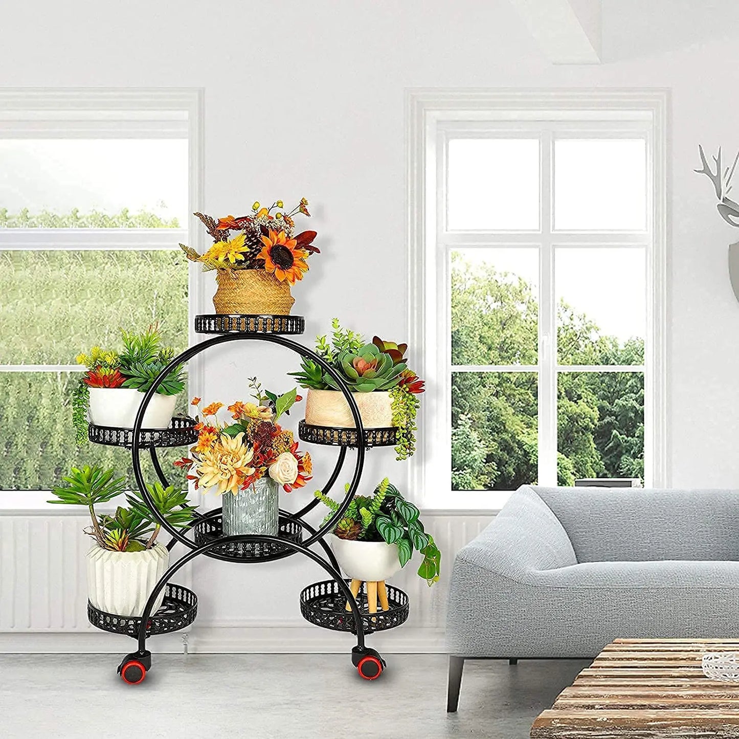 Rolling Metal Plant Holder 6 Tier Flower Pot Display Rack for Indoor Outdoor Use