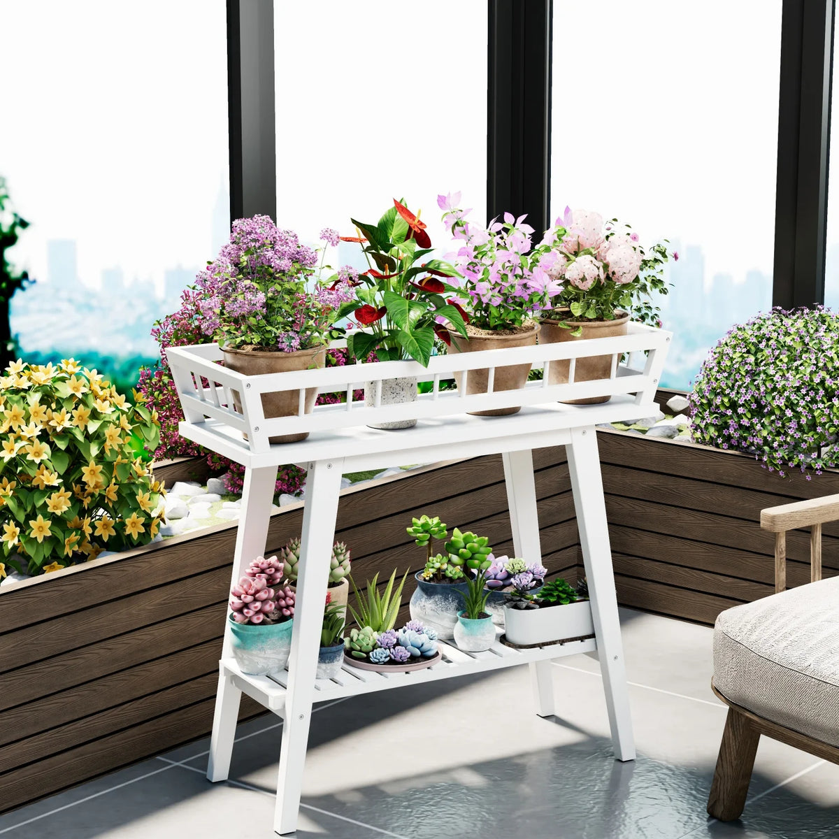 OEM Bamboo 2 Tier Plant Stand Flower Pot Holder for Balcony Patio Living Room White