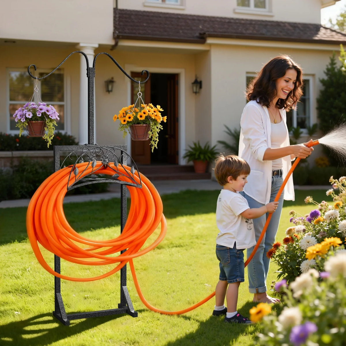 OEM Outdoor Garden Hose Holder Stand with 4 Spikes & 2 Shepherd Hooks