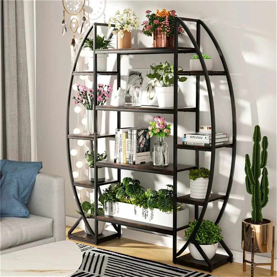 OEM Multi-Function 5 Tier Plant Stand Bookshelf with Curved Metal Frame Black & Brown