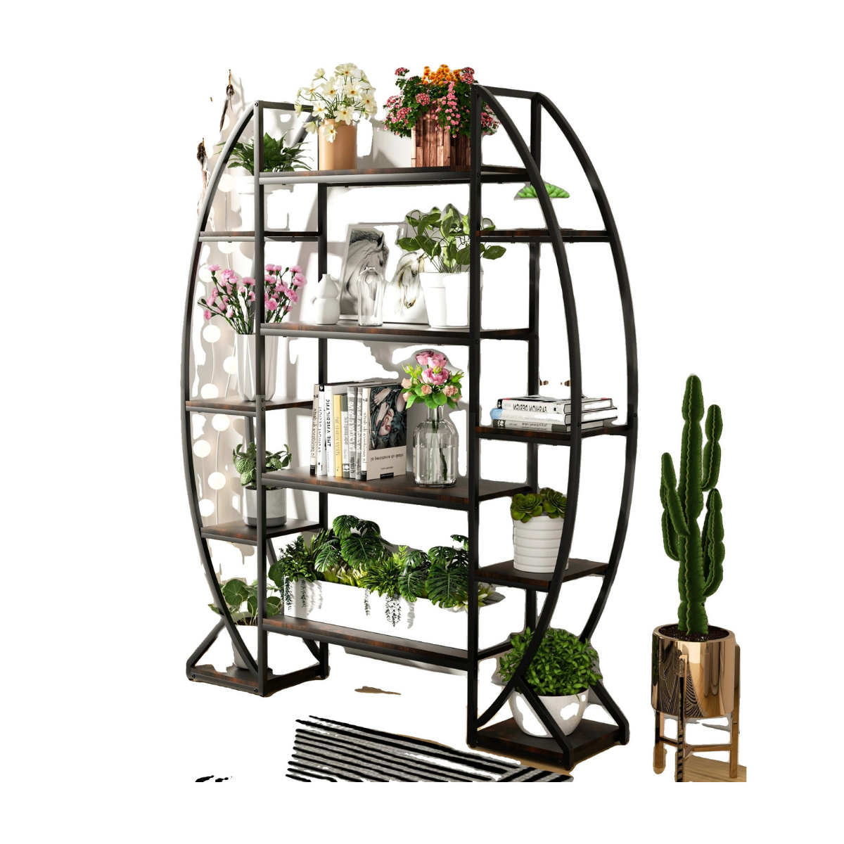OEM Multi-Function 5 Tier Plant Stand Bookshelf with Curved Metal Frame Black & Brown