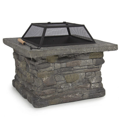 Outdoor Fire Pit Table with BBQ Grill Rack and Faux Stone Base