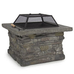 Outdoor Fire Pit Table with BBQ Grill Rack and Faux Stone Base