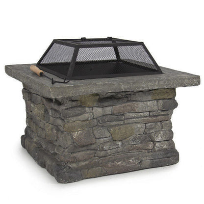 Outdoor Fire Pit Table with BBQ Grill Rack and Faux Stone Base