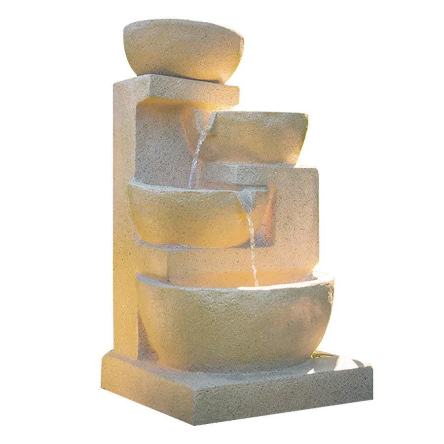 Solar Powered 4 Bowl Outdoor Water Fountain with LED Lights and Rechargeable Battery Sand Finish