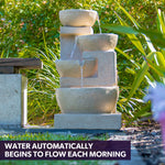 Solar Powered 4 Bowl Outdoor Water Fountain with LED Lights and Rechargeable Battery Sand Finish