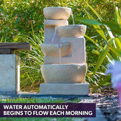 Solar Powered 4 Bowl Outdoor Water Fountain with LED Lights and Rechargeable Battery Sand Finish