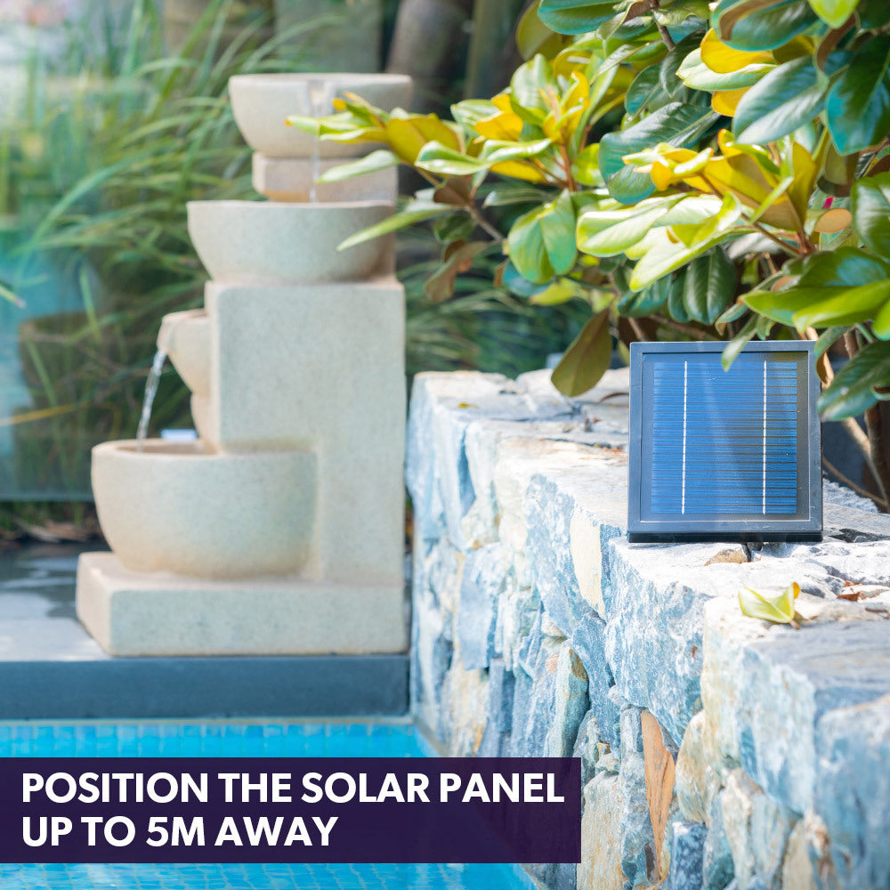 Solar Powered 4 Bowl Outdoor Water Fountain with LED Lights and Rechargeable Battery Sand Finish