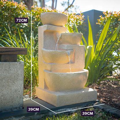 Solar Powered 4 Bowl Outdoor Water Fountain with LED Lights and Rechargeable Battery Sand Finish
