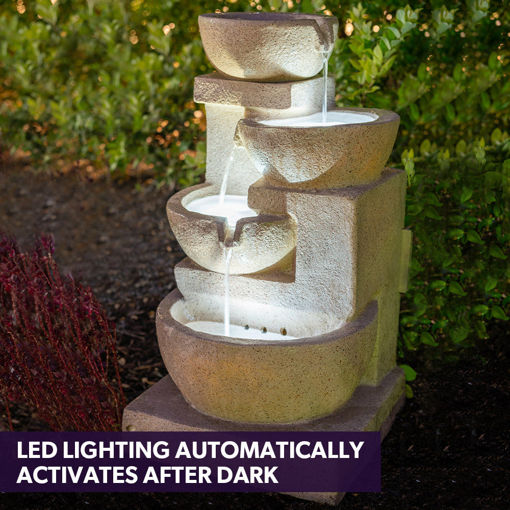 Solar Powered 4 Bowl Outdoor Water Fountain with LED Lights and Rechargeable Battery Sand Finish
