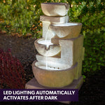 Solar Powered 4 Bowl Outdoor Water Fountain with LED Lights and Rechargeable Battery Sand Finish