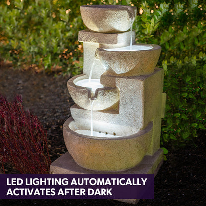 Solar Powered 4 Bowl Outdoor Water Fountain with LED Lights and Rechargeable Battery Sand Finish