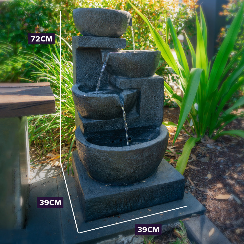 Solar Garden Water Fountain 4 Bowl Cascade Feature with LED Lighting and Battery Backup