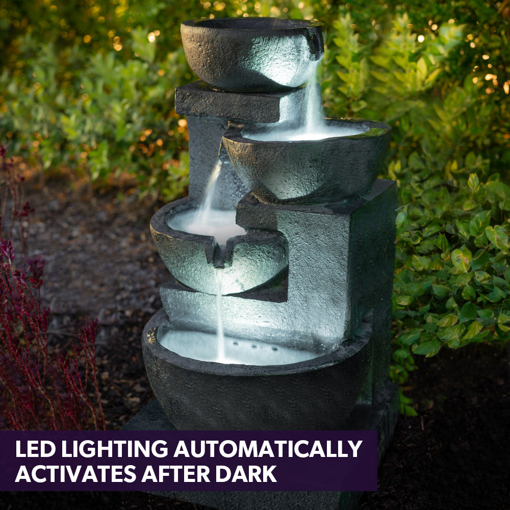 Solar Garden Water Fountain 4 Bowl Cascade Feature with LED Lighting and Battery Backup
