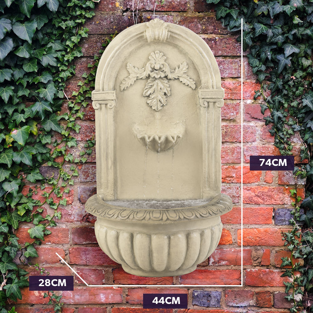 Classic Solar Garden Water Fountain Wall Mounted Design with LED Lights and Battery Backup
