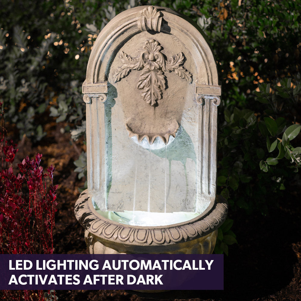 Classic Solar Garden Water Fountain Wall Mounted Design with LED Lights and Battery Backup