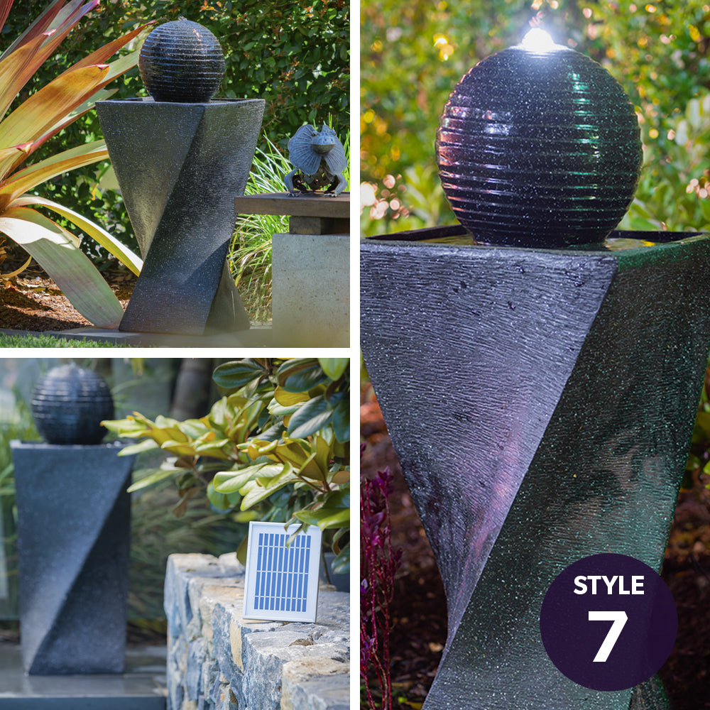 Modern Outdoor Solar Water Fountain with Battery Backup and Stone Look Finish