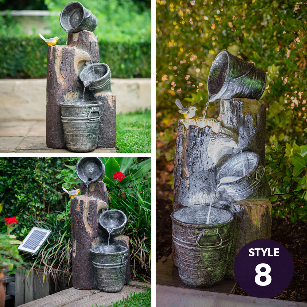 Modern Outdoor Solar Water Fountain with Battery Backup and Stone Look Finish
