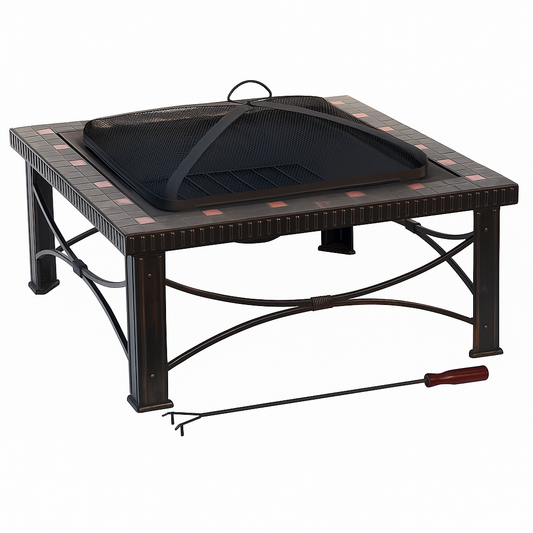 76cm Square Outdoor Fire Pit with Slate Tile Top and Mesh Spark Screen