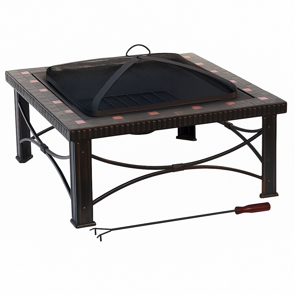 76cm Square Outdoor Fire Pit with Slate Tile Top and Mesh Spark Screen