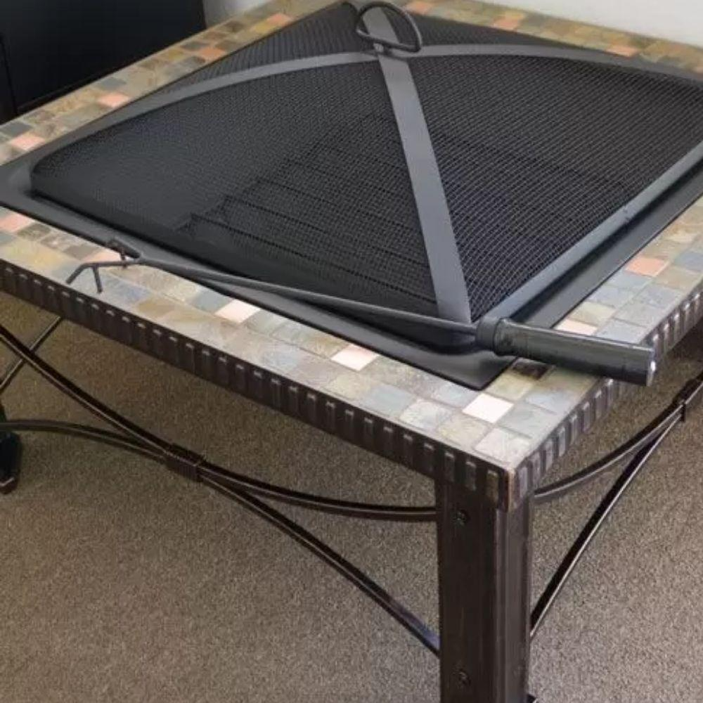 76cm Square Outdoor Fire Pit with Slate Tile Top and Mesh Spark Screen
